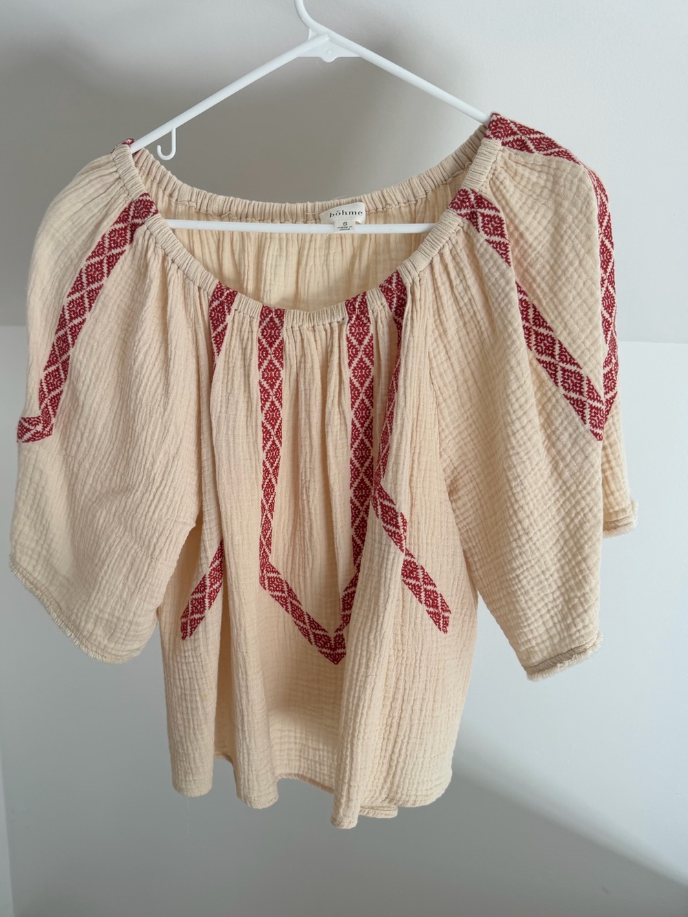 Bohme Cream and Red Peasant Blouse with Red Embroidery size small